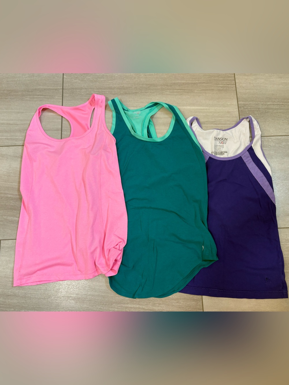 Danskin Now Bright Pink, Teal and Purple Racerback Tank Trio